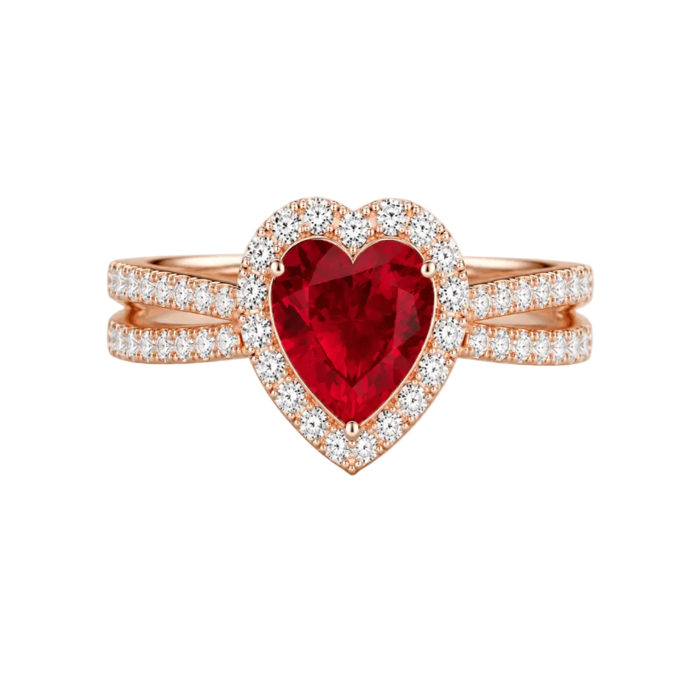 Heart Cut Lab Grown Diamond & Moissanite Halo Engagement Ring with Triple Row Pavé Band