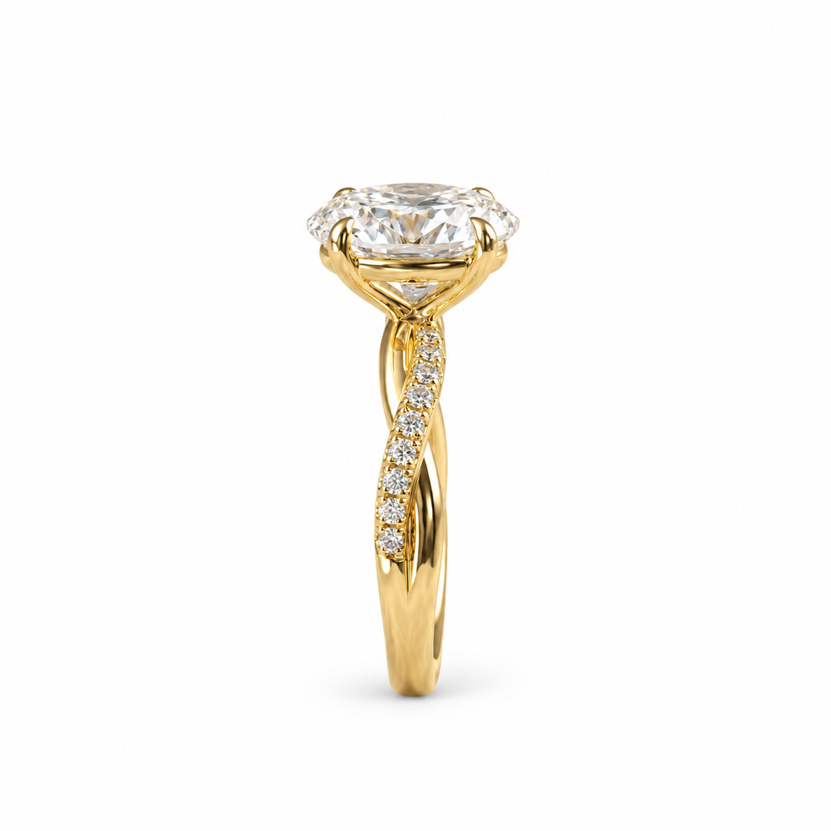 oval lab grown diamond engagement ring in 18k gold, side profile