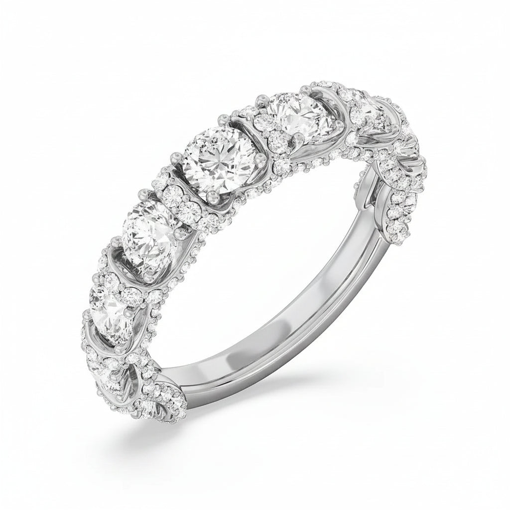 round lab grown diamond wedding band in 14k gold, side profile