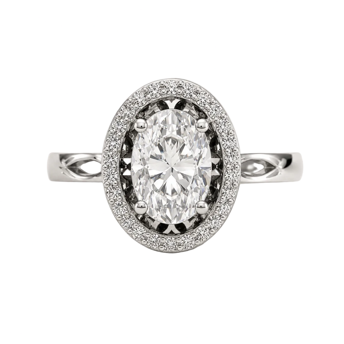 Oval Cut Lab Grown Diamond & Moissanite Halo Engagement Ring with Pavé Halo