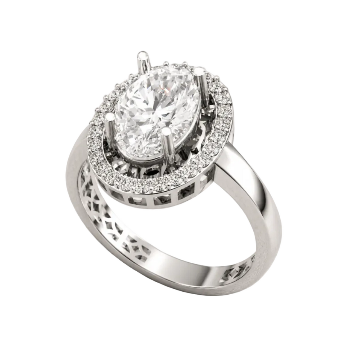 Oval Cut Lab Grown Diamond & Moissanite Halo Engagement Ring with Pavé Halo