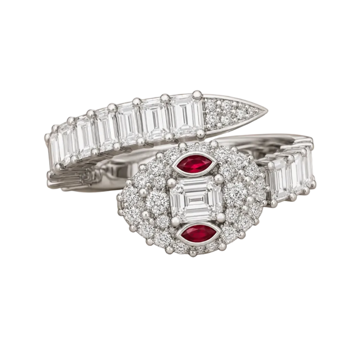A silver-toned multi-band ring featuring a central cluster of clear baguette and round diamonds with two marquise-cut red gemstones, shown on a neutral beige background.