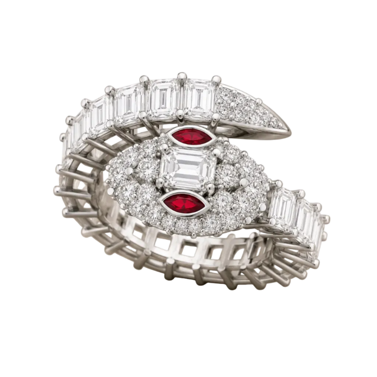 A high-end silver ring featuring a coiled snake design, paved with clear baguette and round-cut diamonds, accented by two prominent red marquise-cut gemstones on the forehead, set against a neutral beige background.