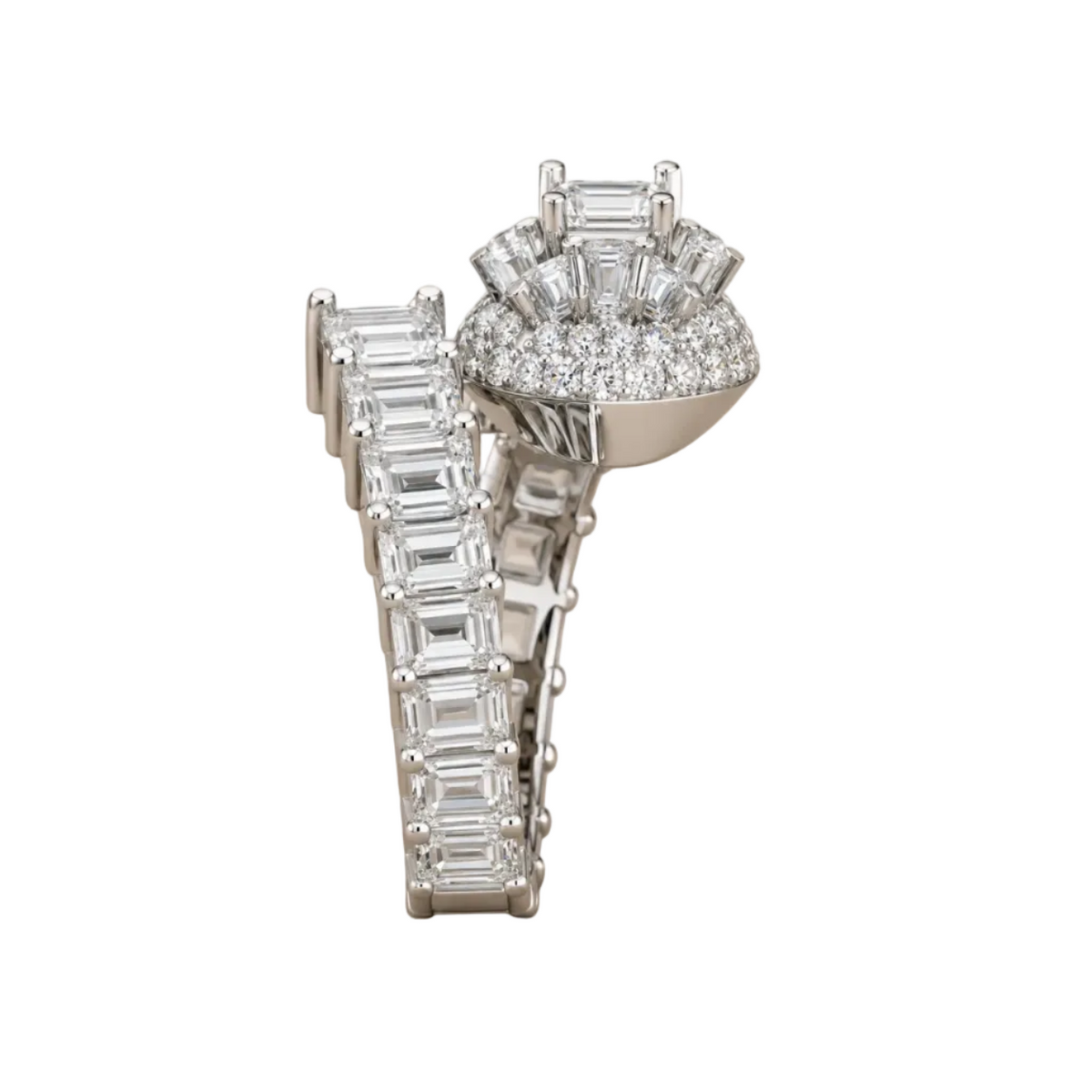 A high-end diamond ring featuring a large emerald-cut center stone, a halo of smaller round diamonds, and a continuous channel band of baguette diamonds, set in a silver-toned metal on a neutral beige background.