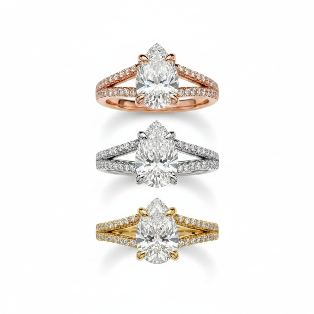 Pear Cut Pavé Split Shank Solitaire Engagement Ring – Lab Grown Diamond & Moissanite