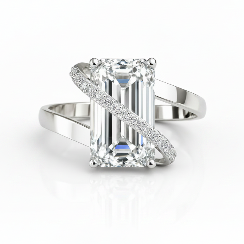 Emerald Cut Lab Grown Diamond & Moissanite Criss Cross Pavé Engagement Ring