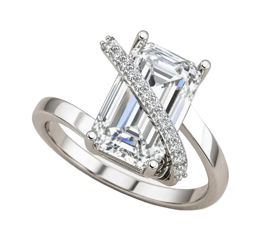 Emerald Cut Lab Grown Diamond & Moissanite Criss Cross Pavé Engagement Ring