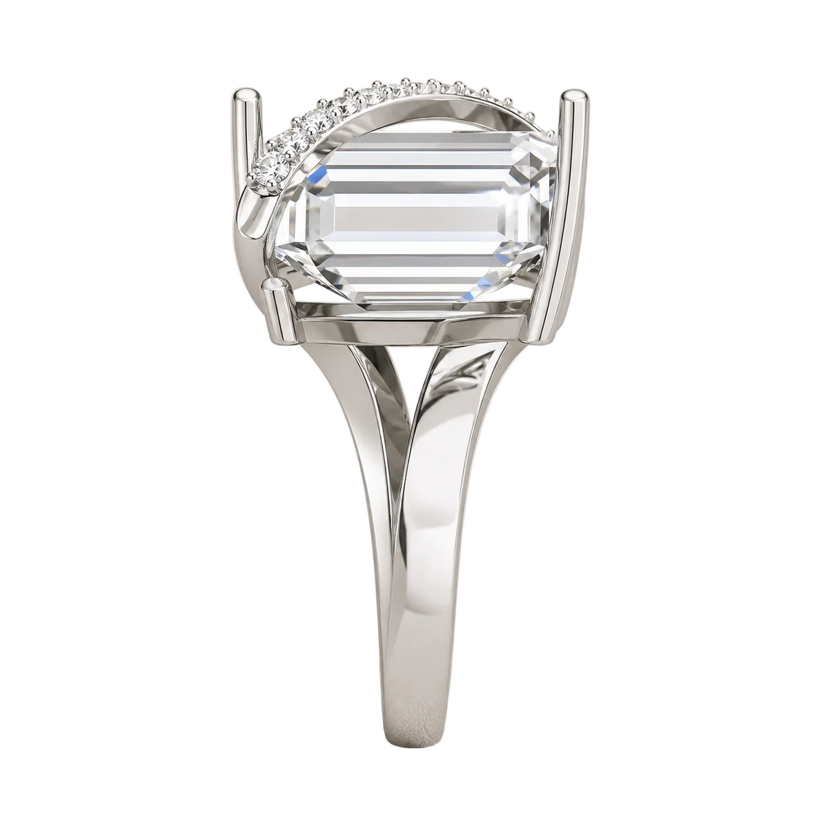 Emerald Cut Lab Grown Diamond & Moissanite Criss Cross Pavé Engagement Ring