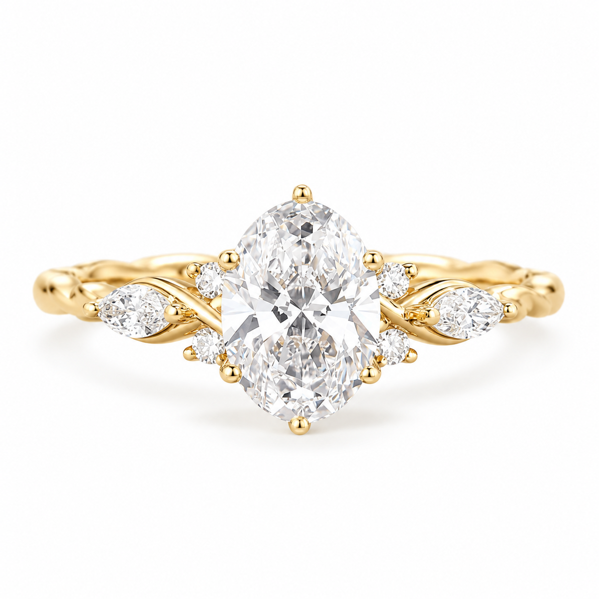 oval lab grown diamond engagement ring in gold, three-quarter view
