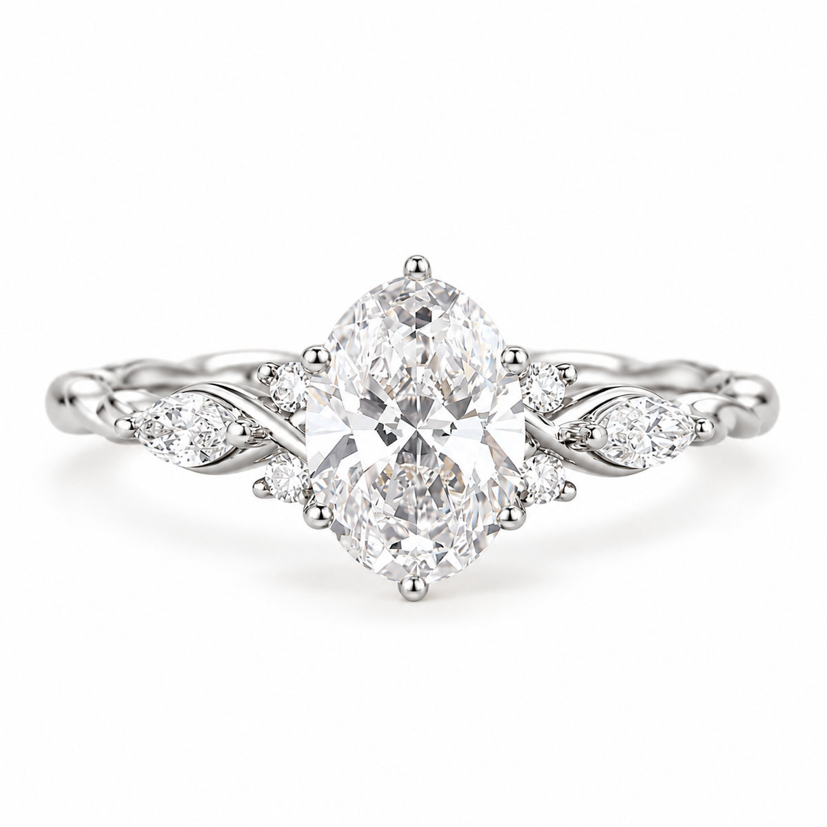 oval lab grown diamond engagement ring in gold, detail of the setting