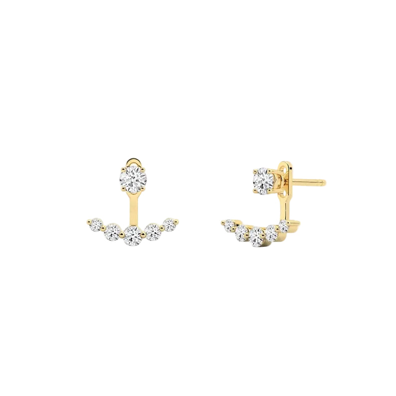 round lab grown diamond ear jacket earrings in silver, three-quarter view