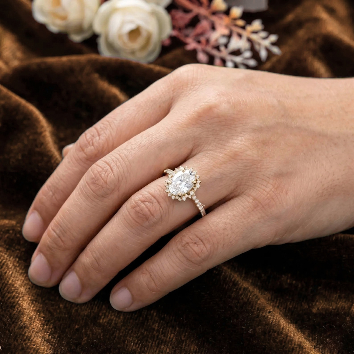 oval lab grown diamond engagement ring in gold, detail of the setting