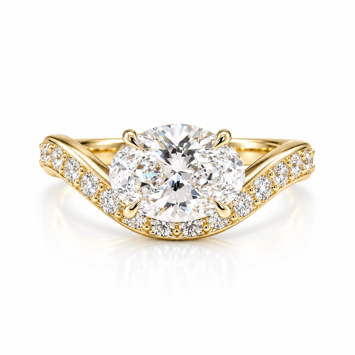 oval lab grown diamond engagement ring in silver, three-quarter view
