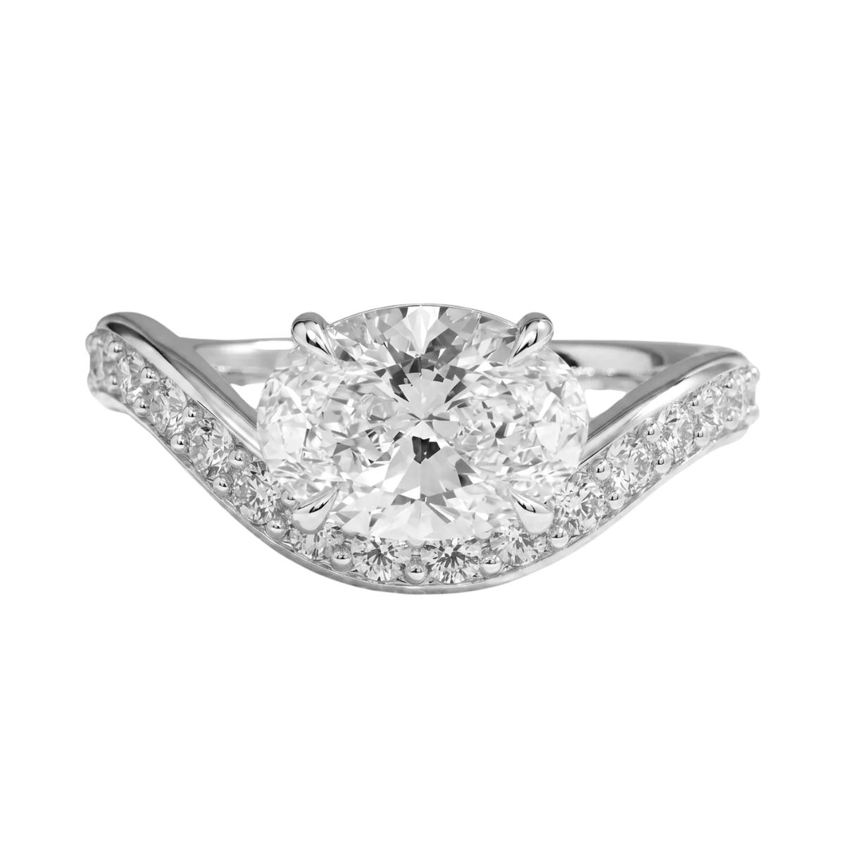 Engagement ring with a 2.90 carat Oval cut solitaire East-West diamond with wave pavé band