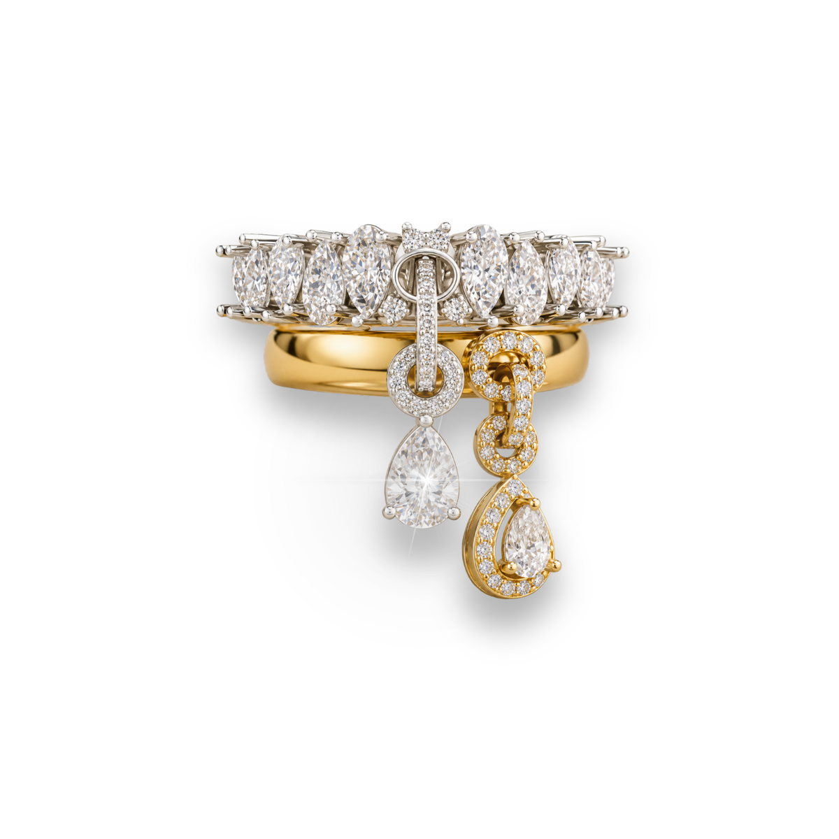 Pear Shape Moissanite & Lab Grown Diamond Ring Two Tone Gold Statement Ring