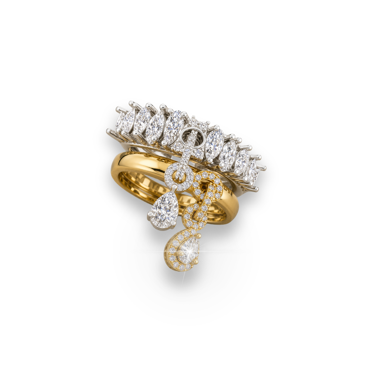 Pear Shape Moissanite & Lab Grown Diamond Ring Two Tone Gold Statement Ring