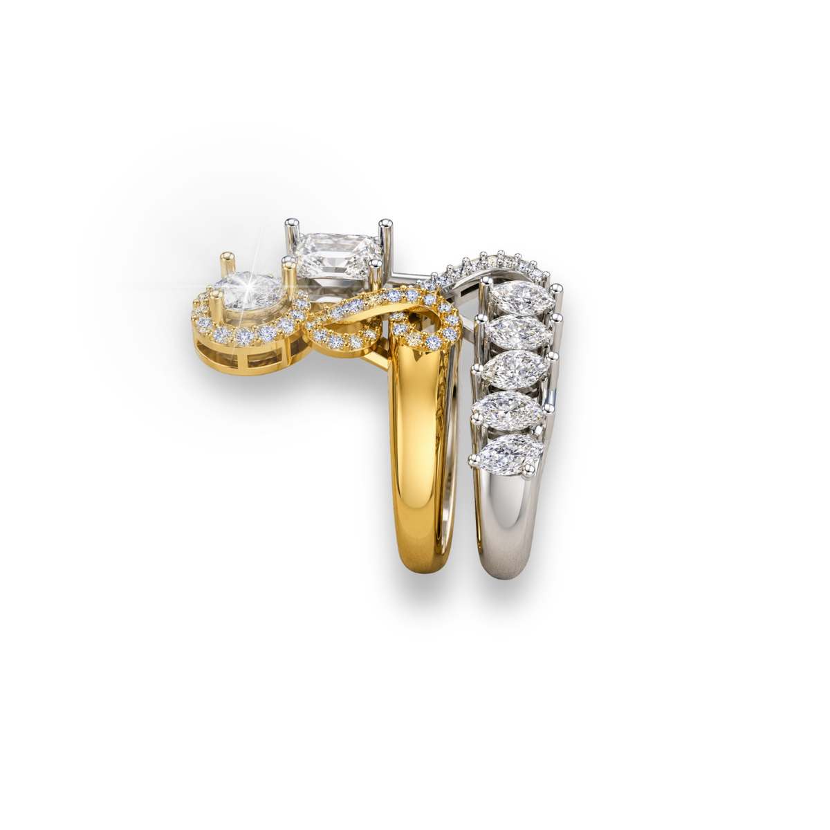 Pear Shape Moissanite & Lab Grown Diamond Ring Two Tone Gold Statement Ring