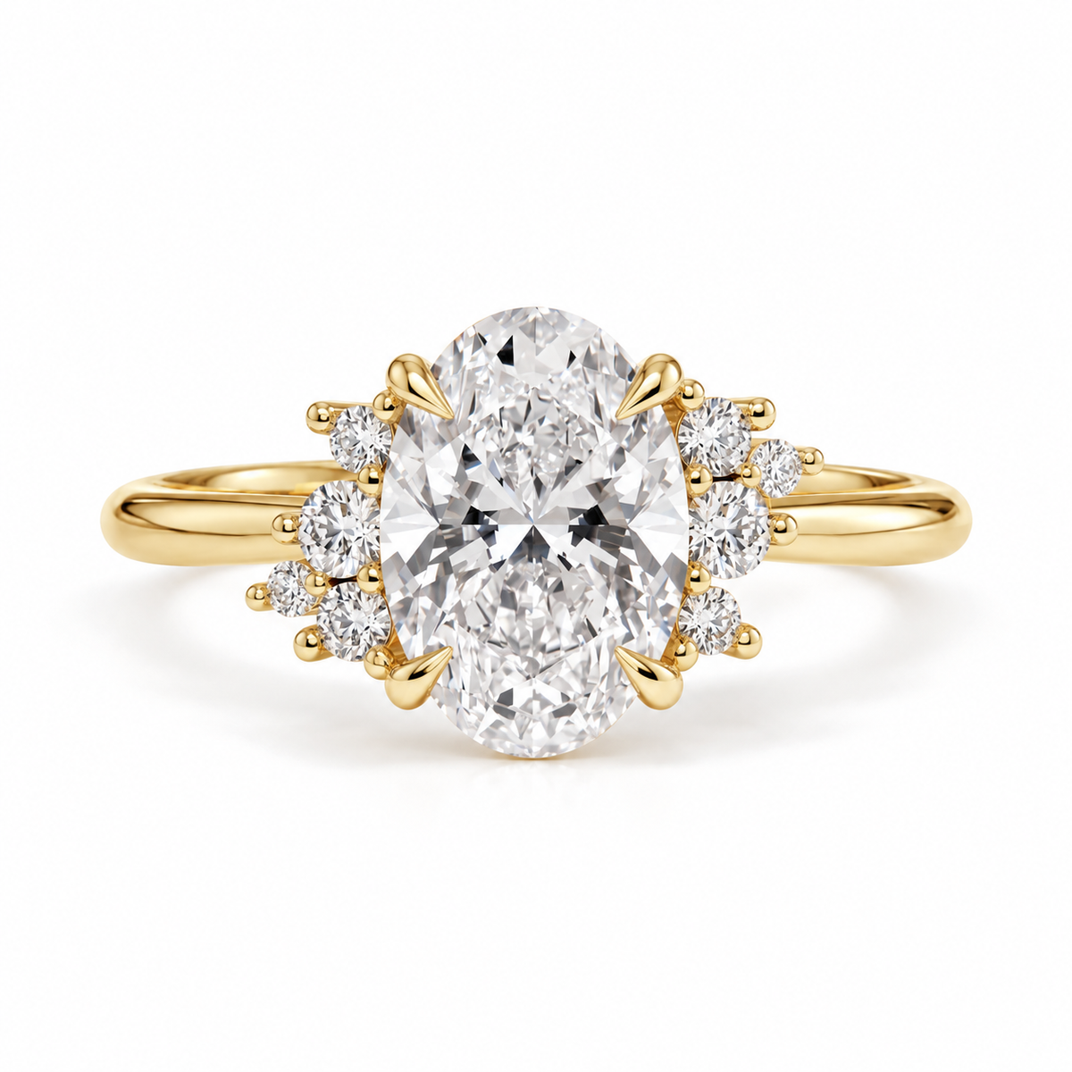 oval lab grown diamond engagement ring in gold, three-quarter view