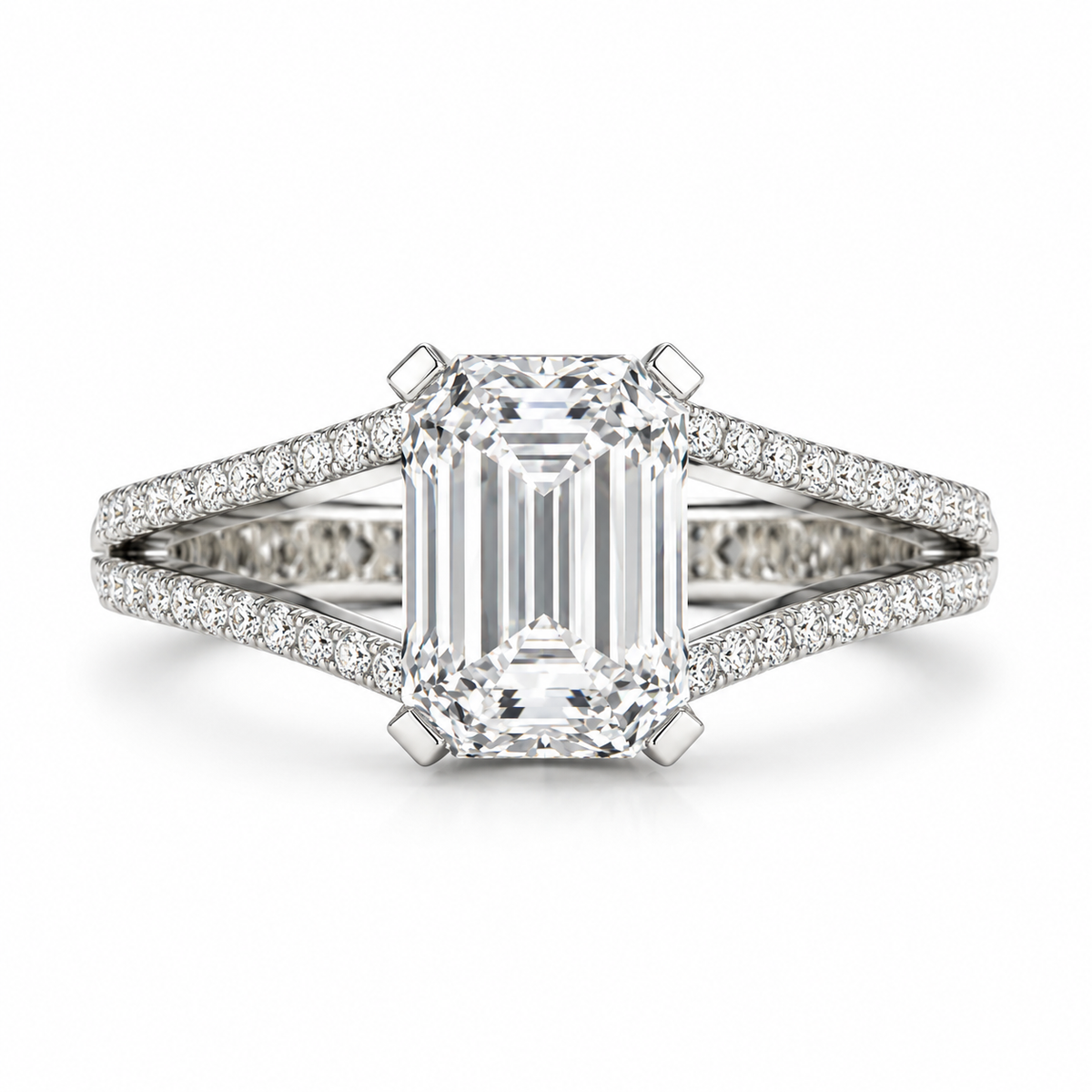 Emerald Cut Lab Grown Diamond & Moissanite Split Shank Pavé Engagement Ring