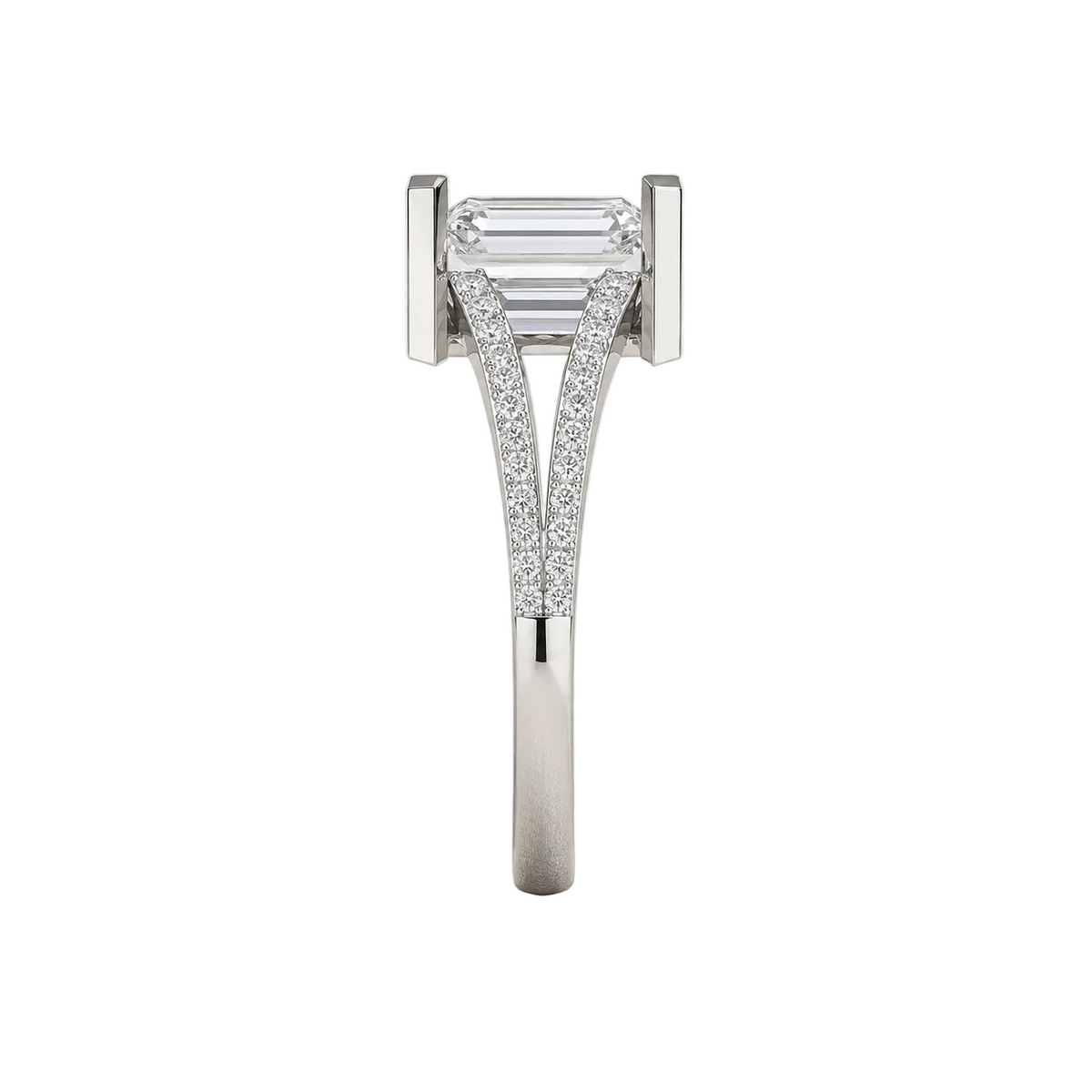 emerald lab grown diamond ring in silver, side profile