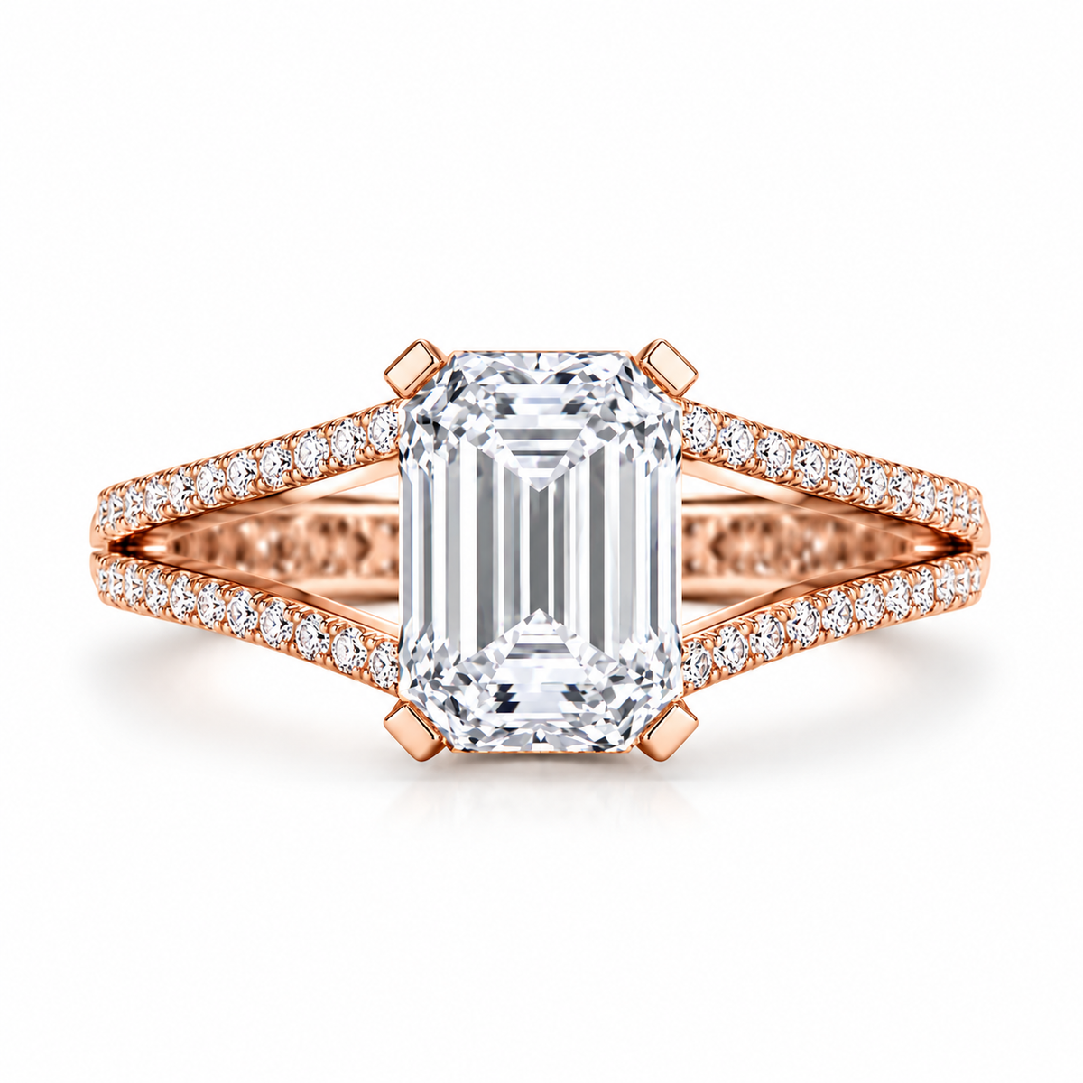 Emerald Cut Lab Grown Diamond & Moissanite Split Shank Pavé Engagement Ring