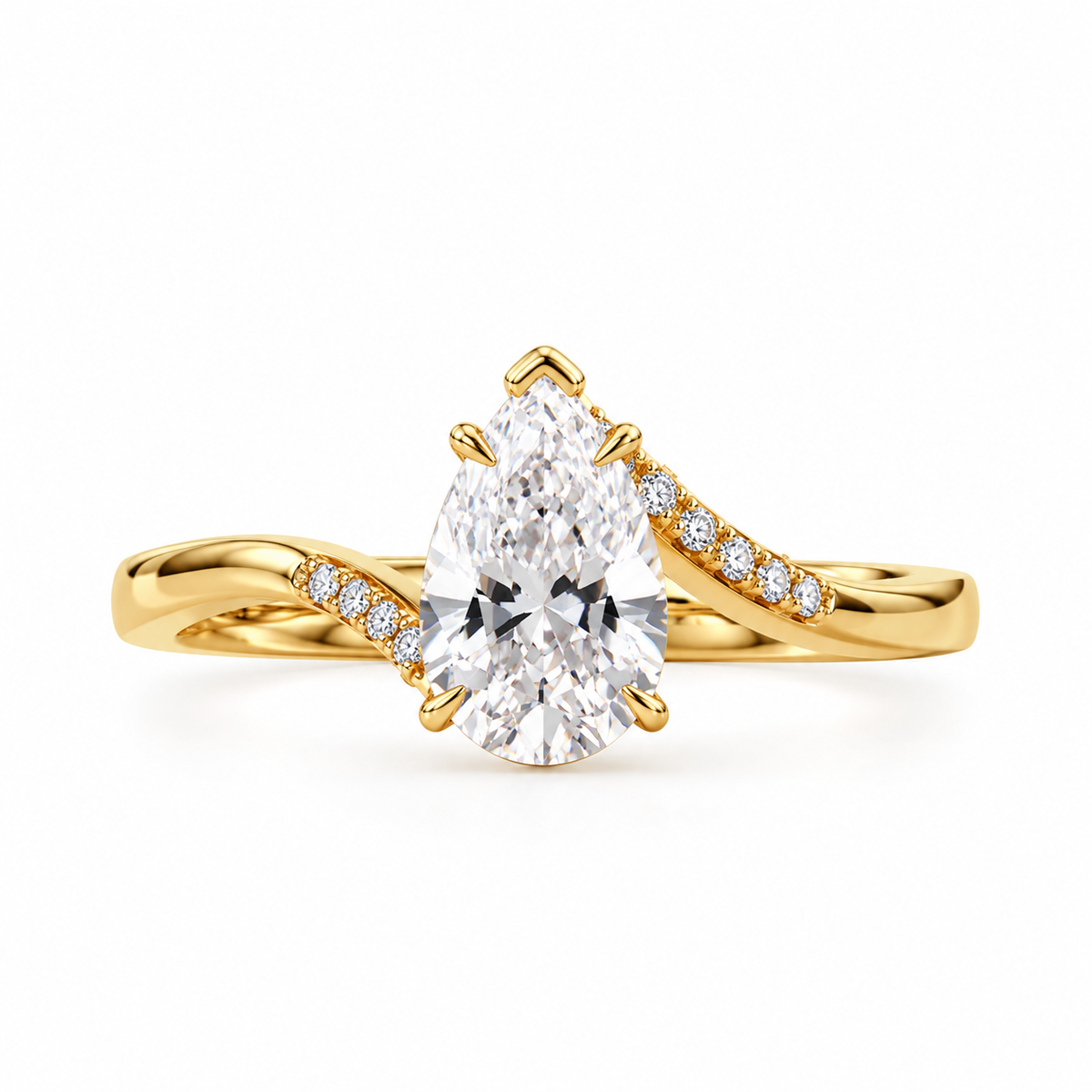 pear lab grown diamond engagement ring in gold, three-quarter view
