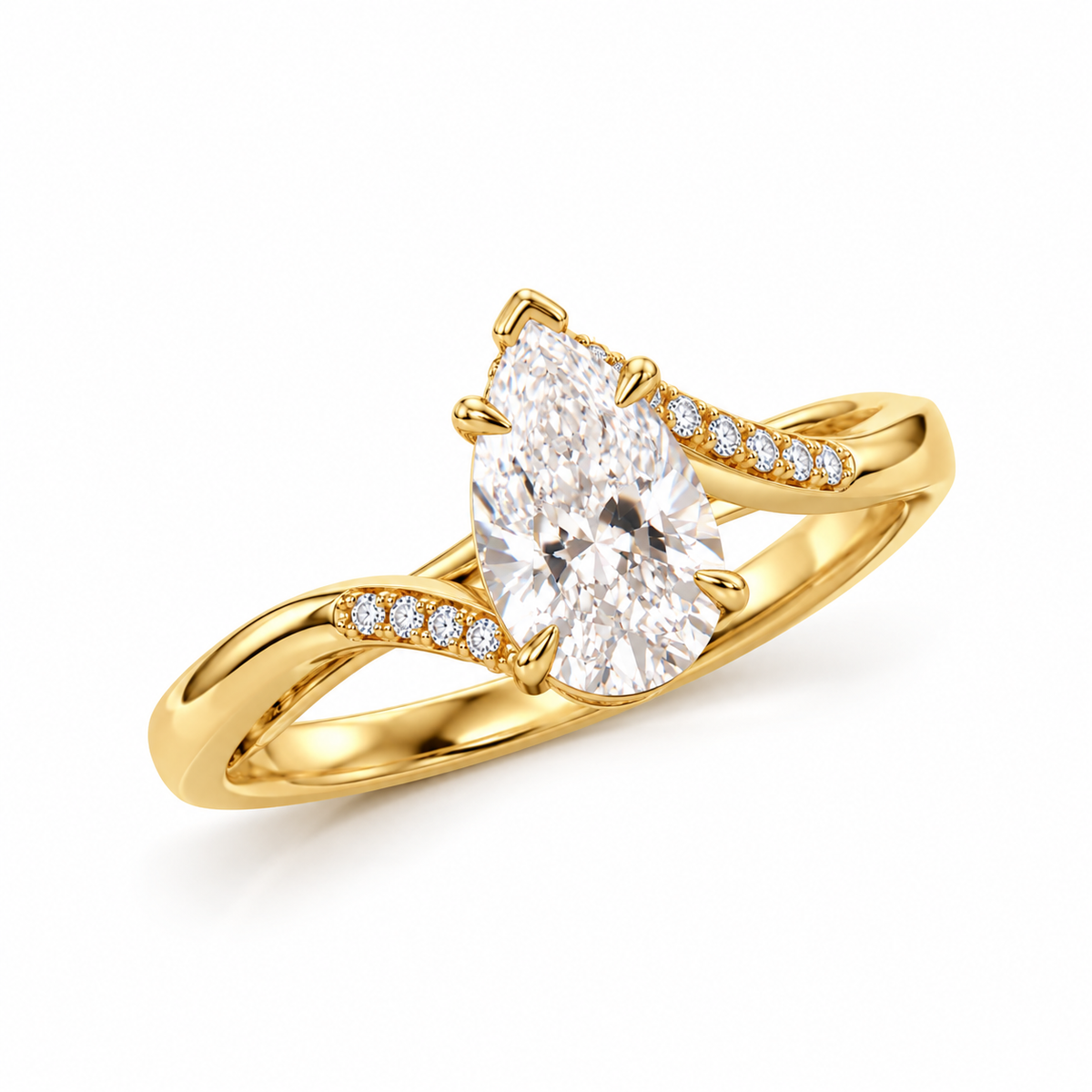 pear lab grown diamond engagement ring in gold, top view