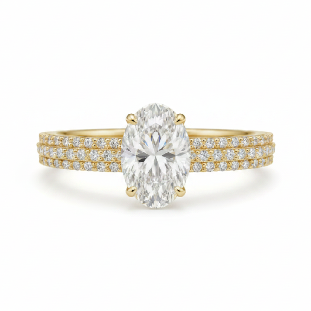oval lab grown diamond solitaire engagement ring in silver, three-quarter view