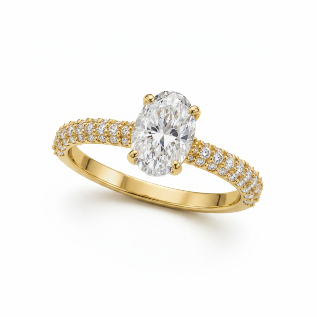 oval lab grown diamond solitaire engagement ring in 10K gold, top view