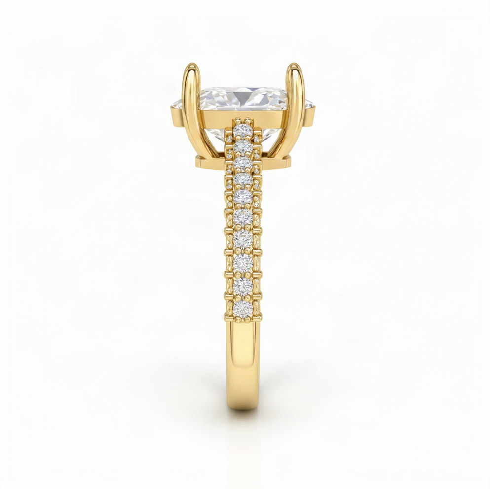 oval lab grown diamond solitaire engagement ring in 18K gold, detail of the setting
