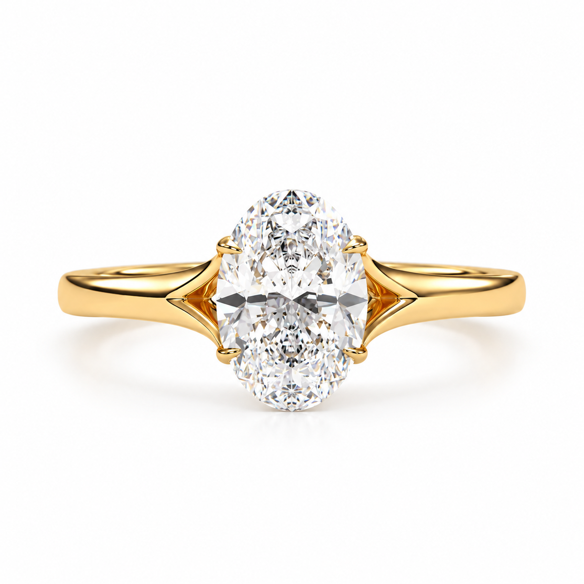 oval lab grown diamond engagement ring in gold, three-quarter view