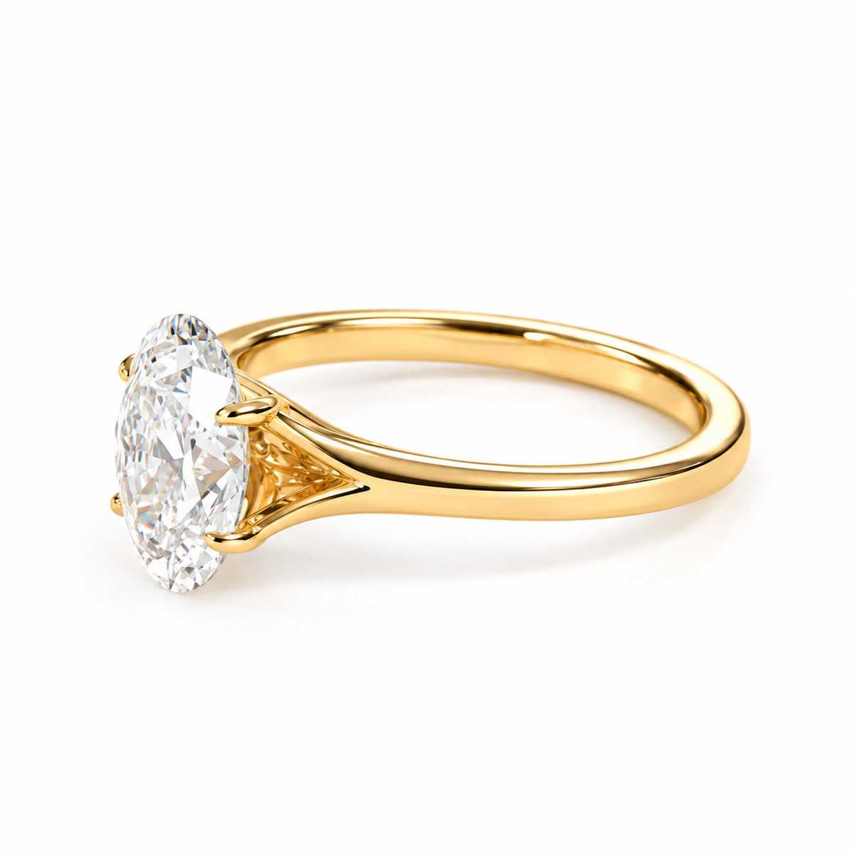 oval lab grown diamond engagement ring in gold, top view