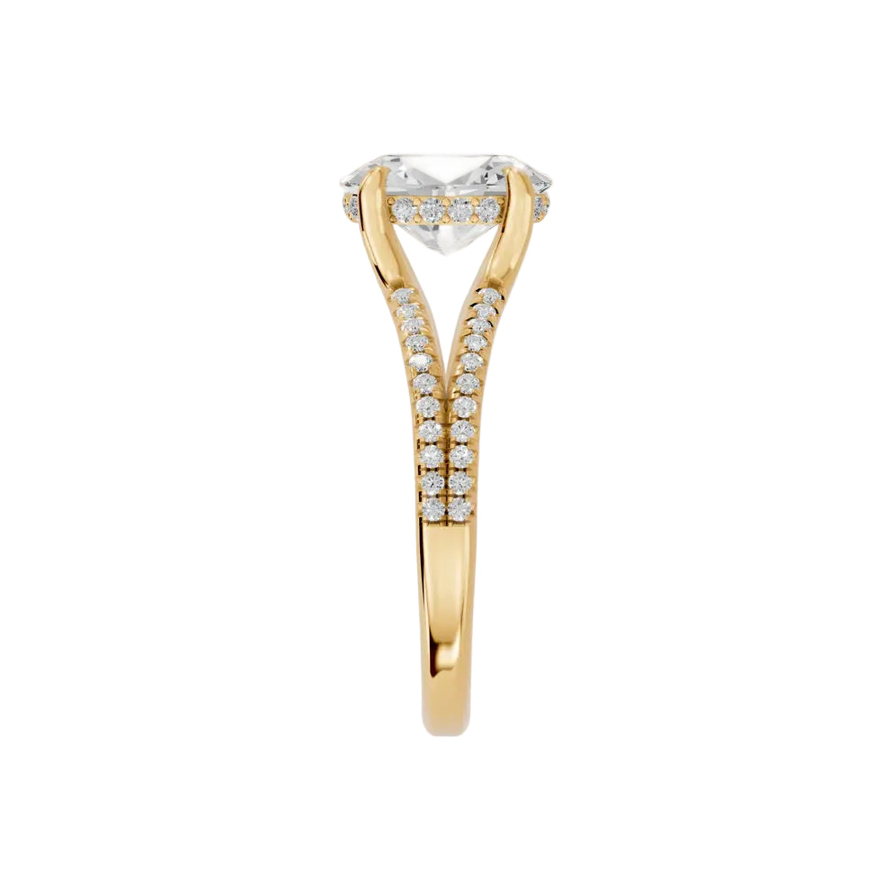 oval lab grown diamond engagement ring in 14k, top view