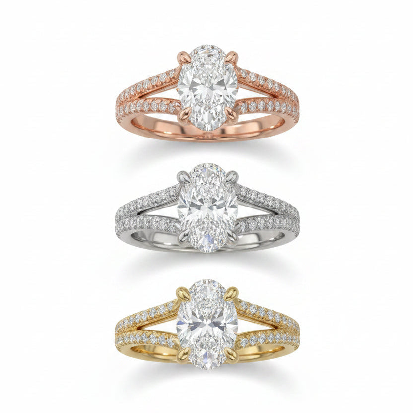 Oval Cut Pavé Split Shank Solitaire Engagement Ring – Lab Grown Diamond & Moissanite