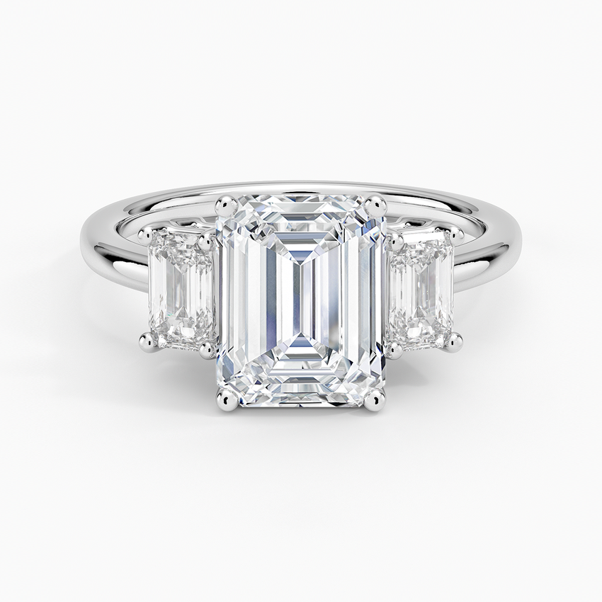 emerald lab grown diamond ring in silver, three-quarter view