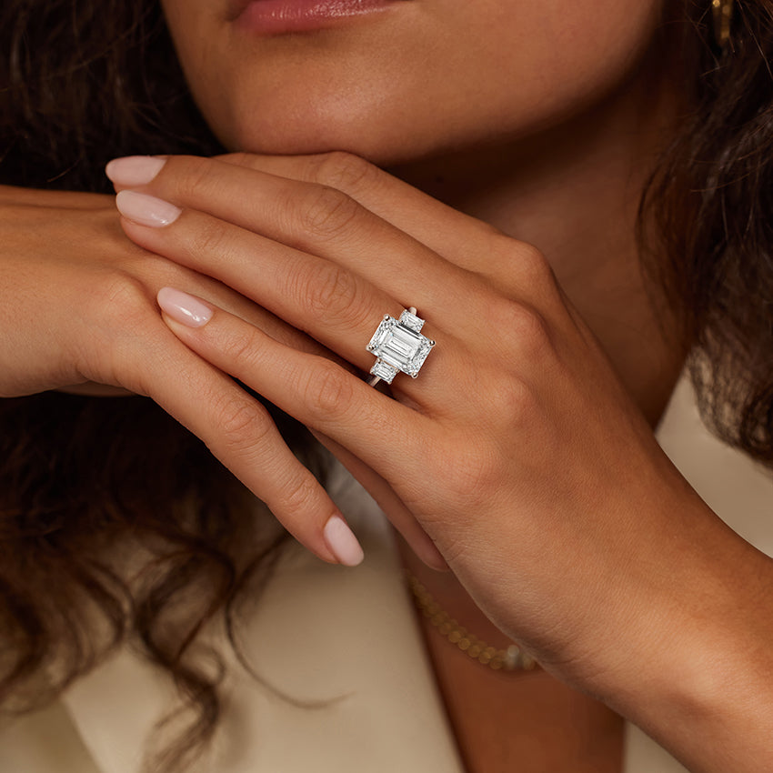 Luxe Rhiannon Emerald Cut Three Stone Diamond Ring