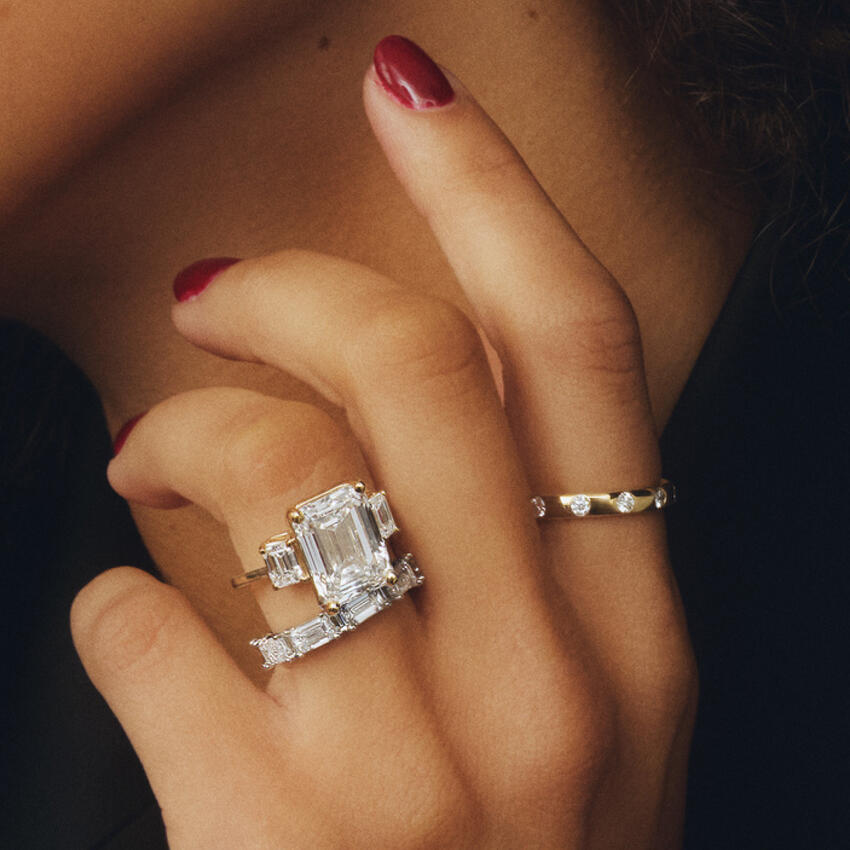 Luxe Rhiannon Emerald Cut Three Stone Diamond Ring
