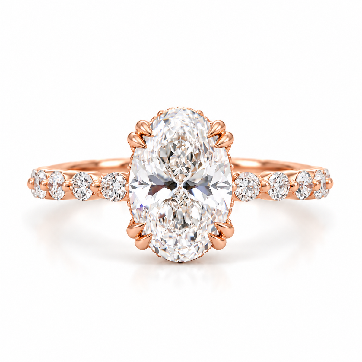 oval lab grown diamond engagement ring in gold, on-hand