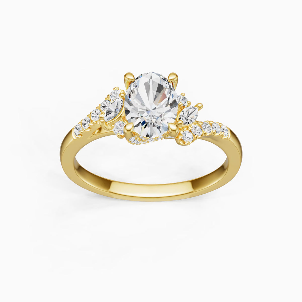 A yellow gold engagement ring featuring a large oval-cut clear center stone, surrounded by smaller round and marquise-cut clear accent stones along the shoulders, set on a polished gold band against a clean white background.