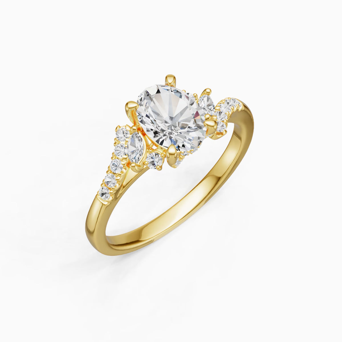 A yellow gold engagement ring featuring a large round-cut center stone and marquise-cut side stones, set on a clean white background.