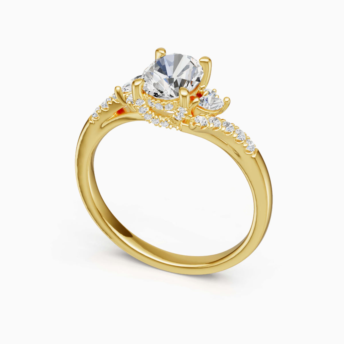 A yellow gold solitaire engagement ring featuring a large round brilliant-cut center stone and a curved pavé band with small accent stones, shown on a clean white background.