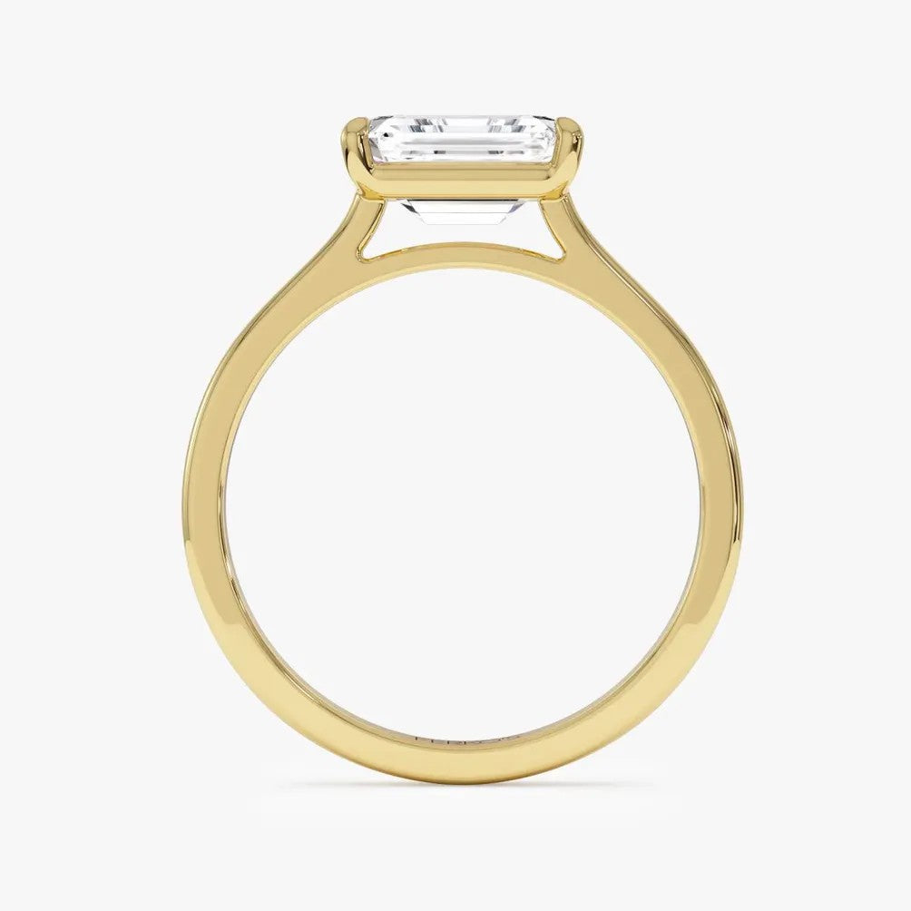 radiant lab grown diamond engagement ring in gold, side profile