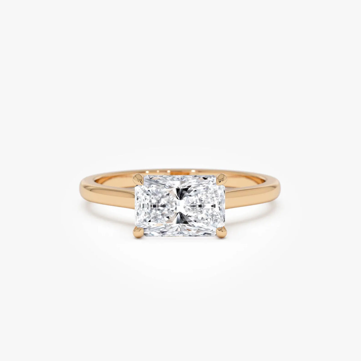 radiant lab grown diamond engagement ring in gold, on-hand
