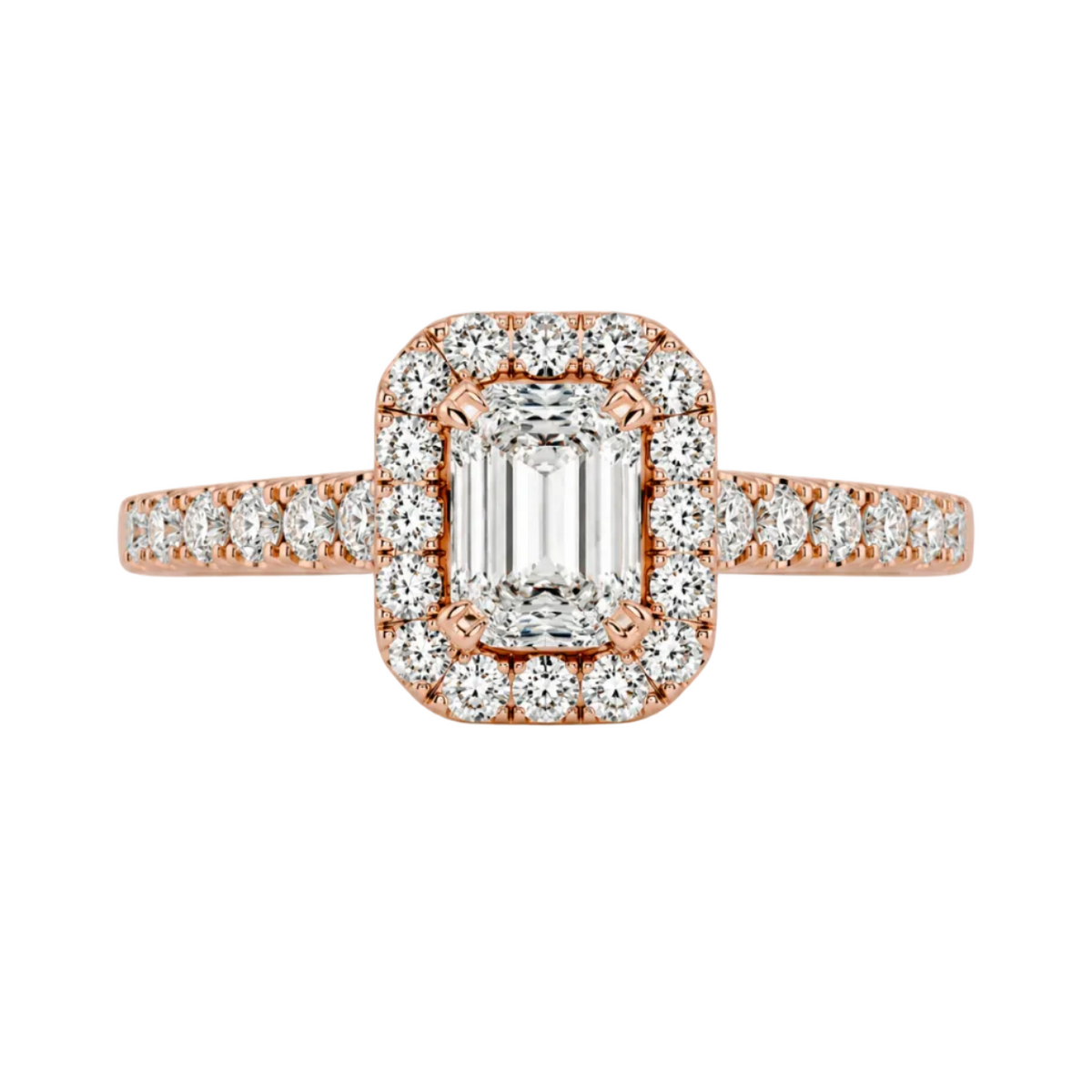 Emerald Cut Lab Grown Diamond And Moissanite Halo Engagement Ring with Pavé Band