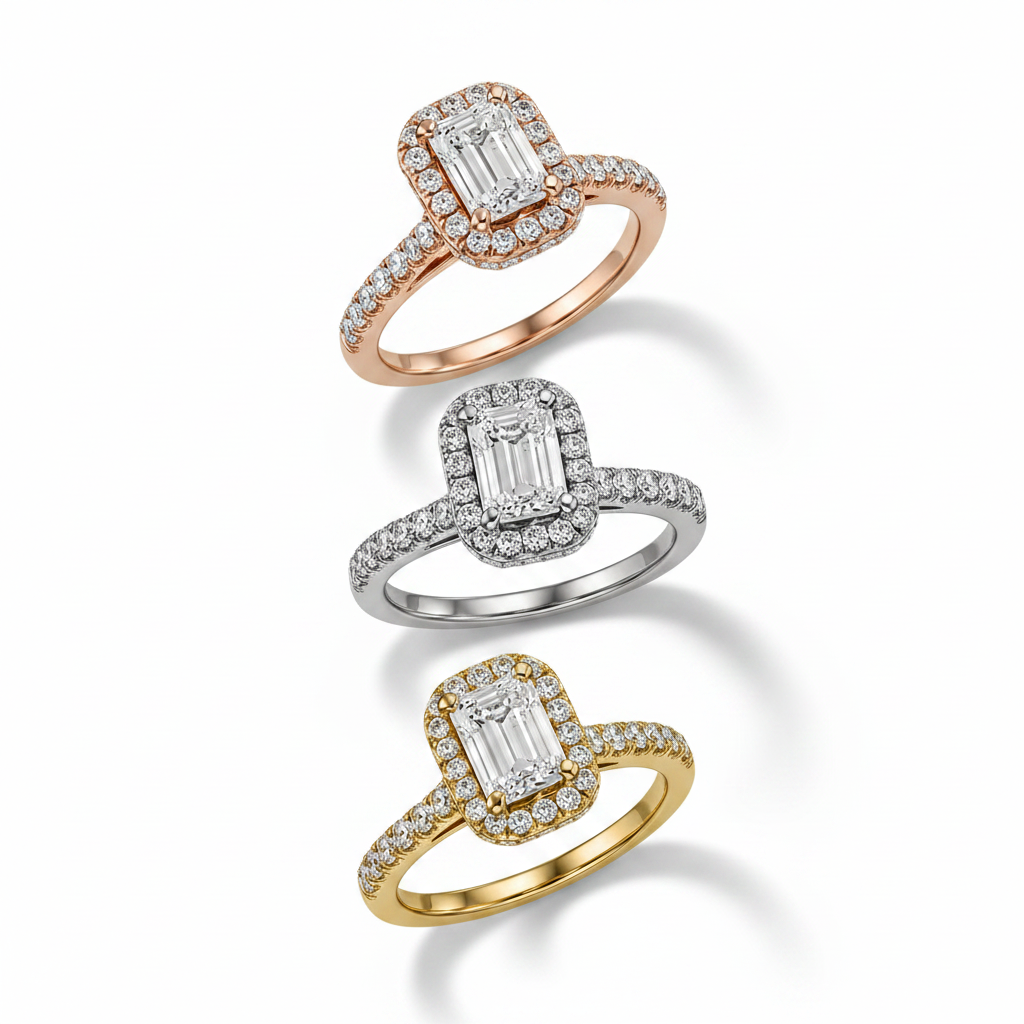 Emerald Cut Lab Grown Diamond And Moissanite Halo Engagement Ring with Pavé Band