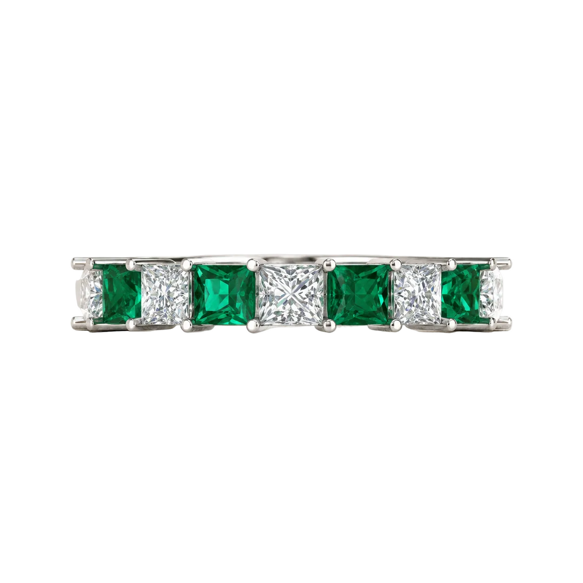 Green And White Princess Moissanite & Lab Grown Princess Square Cut Alternating Band Ring