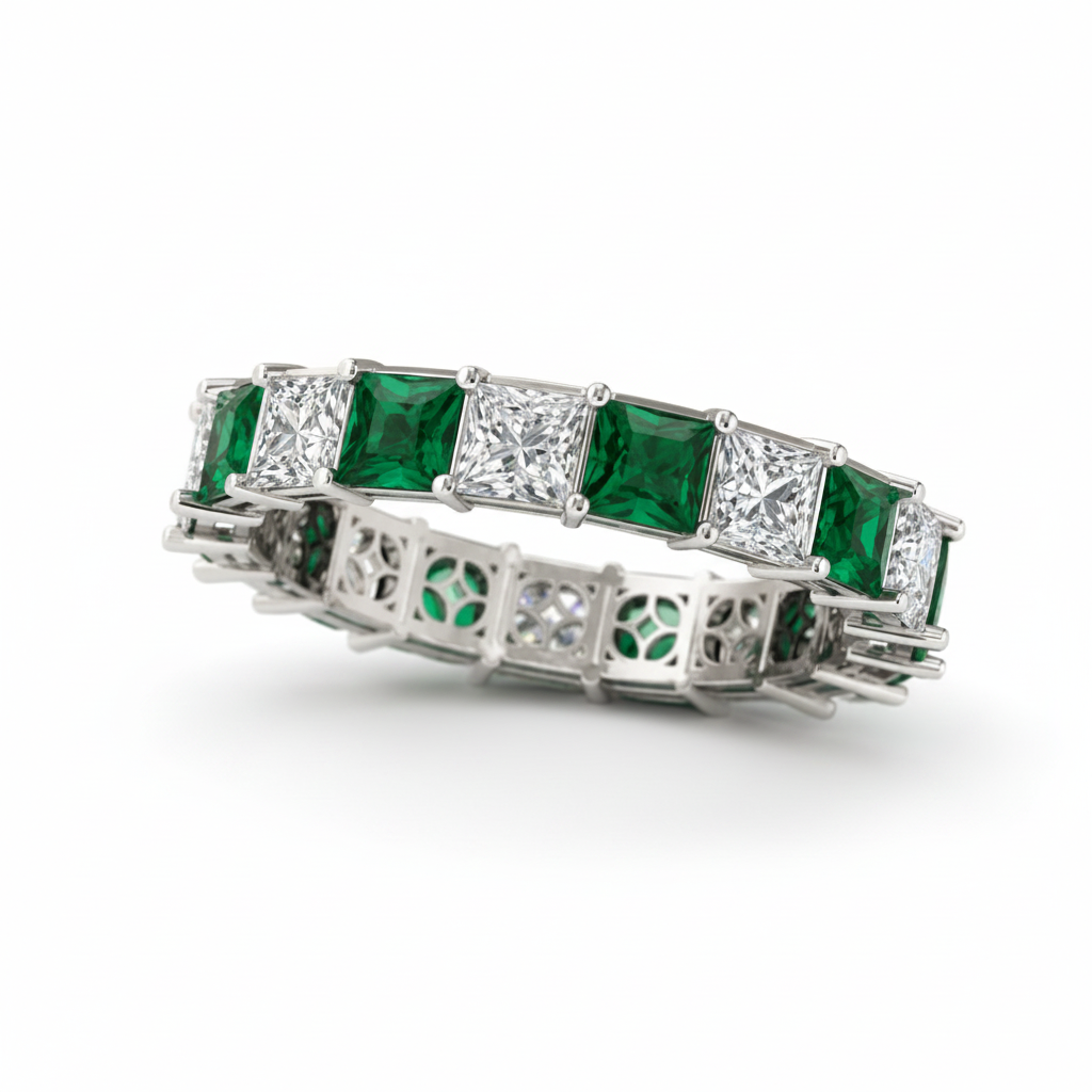 Green And White Princess Moissanite & Lab Grown Princess Square Cut Alternating Band Ring