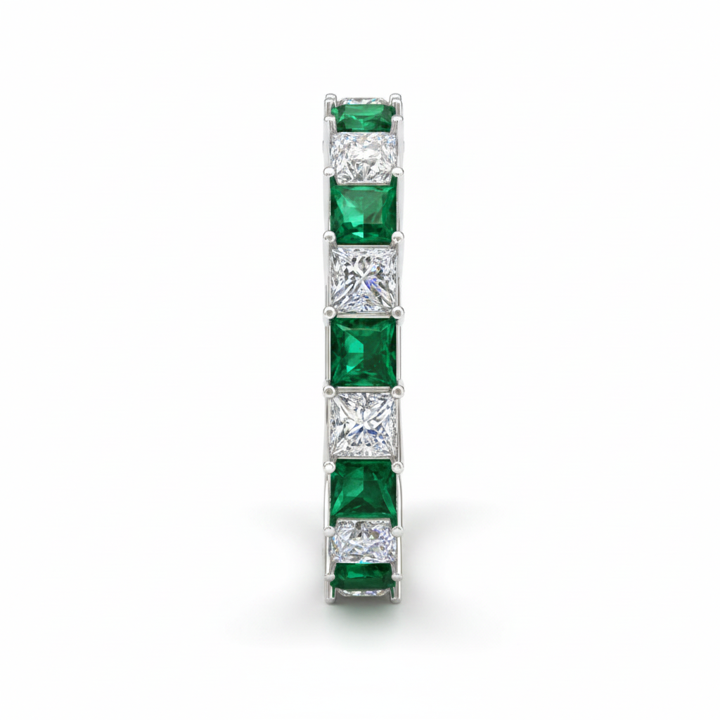 Green And White Princess Moissanite & Lab Grown Princess Square Cut Alternating Band Ring