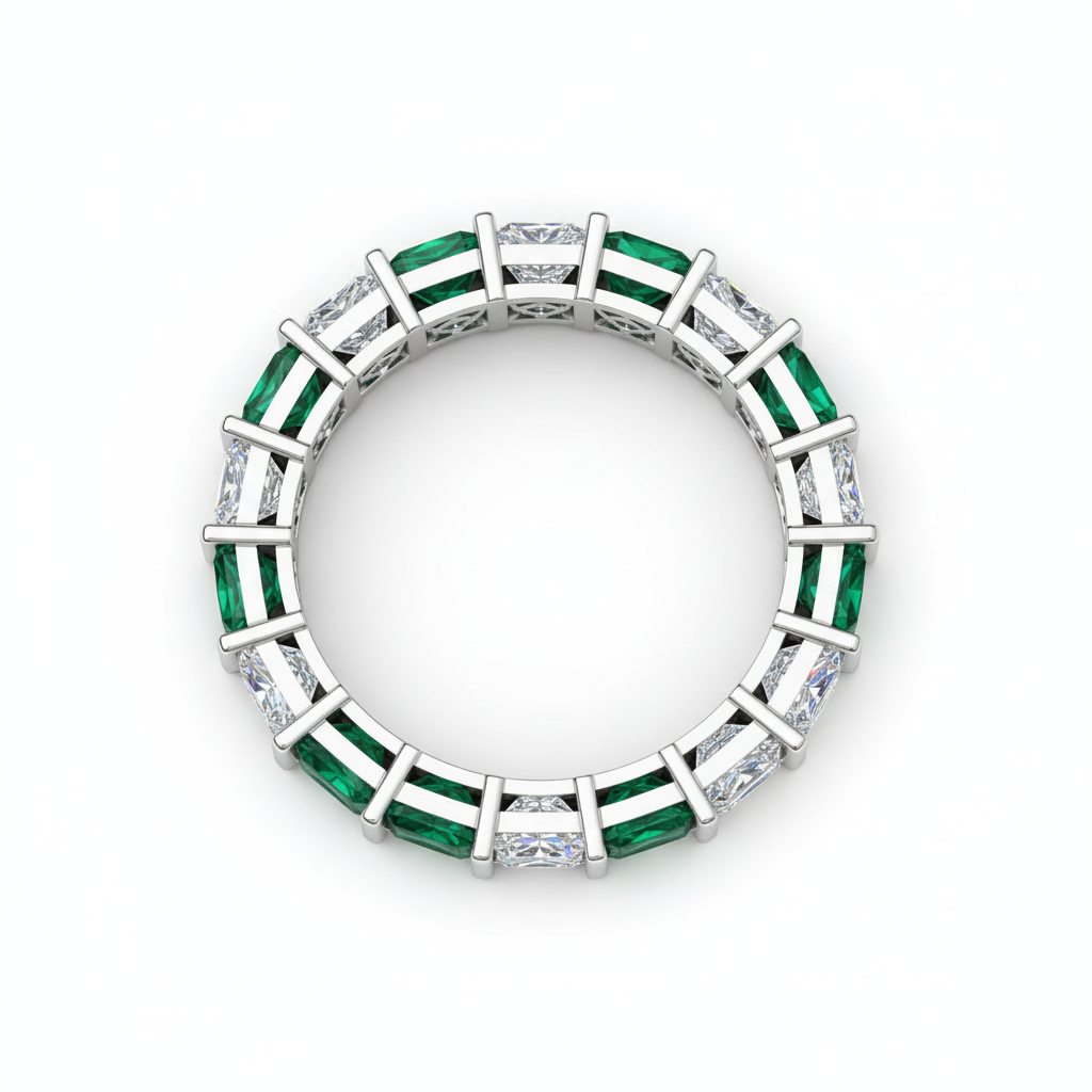 Green And White Princess Moissanite & Lab Grown Princess Square Cut Alternating Band Ring