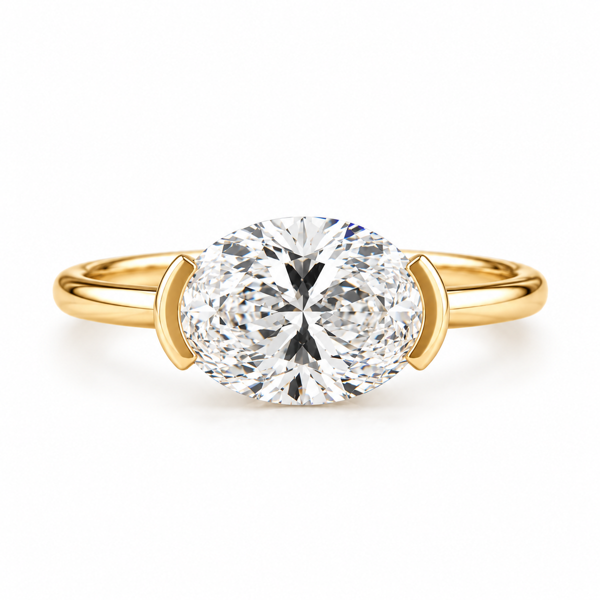 oval lab grown diamond engagement ring in gold, three-quarter view